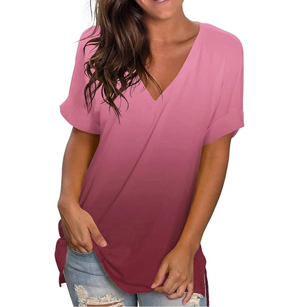 Womens Summer Tie Dye Short Sleeve T Shirts Ombré - Wine - XL
